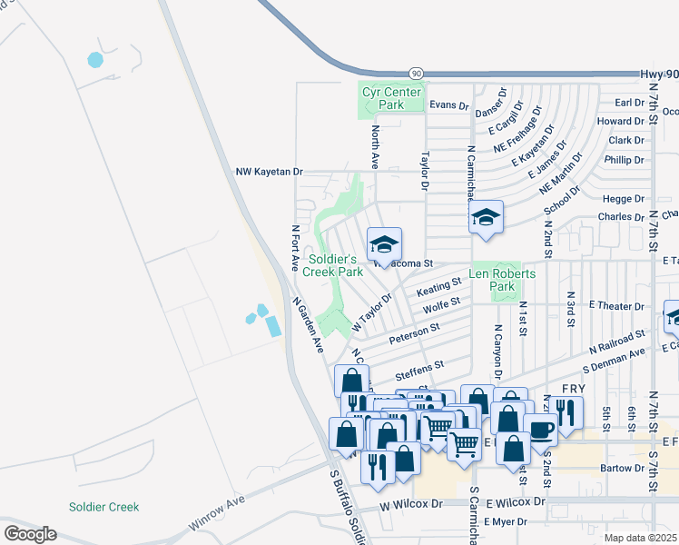 map of restaurants, bars, coffee shops, grocery stores, and more near 341 North Pfister Avenue in Sierra Vista