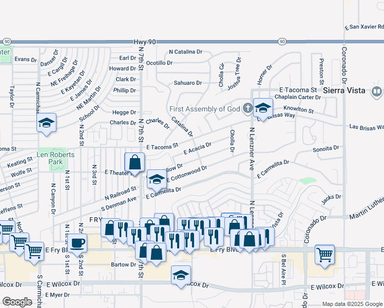 map of restaurants, bars, coffee shops, grocery stores, and more near 1132 East Acacia Drive in Sierra Vista