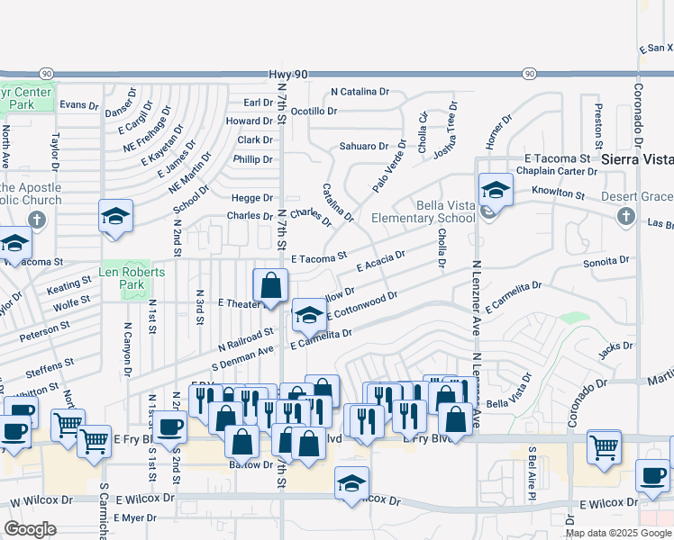 map of restaurants, bars, coffee shops, grocery stores, and more near 1005 East Acacia Drive in Sierra Vista