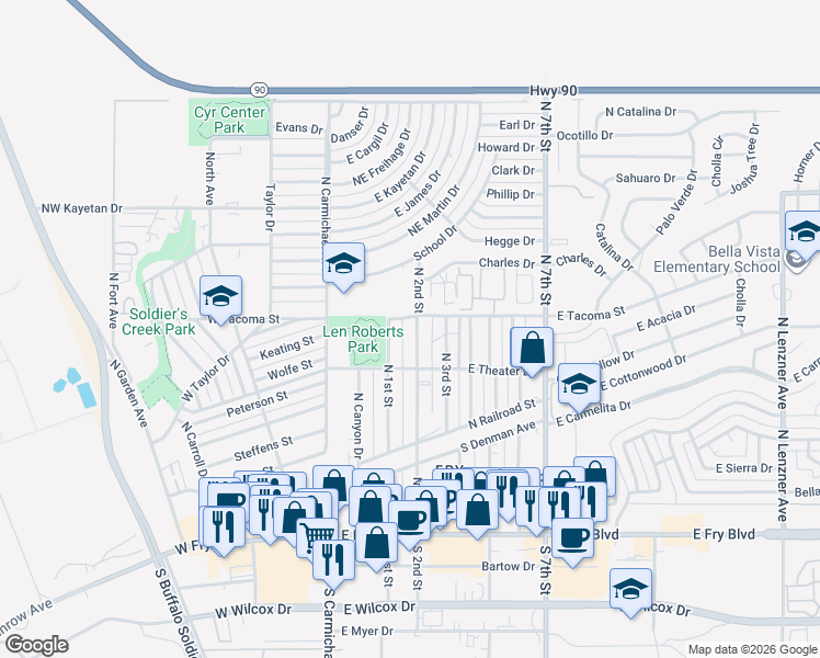 map of restaurants, bars, coffee shops, grocery stores, and more near 314 North 2nd Street in Sierra Vista