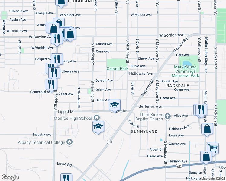 map of restaurants, bars, coffee shops, grocery stores, and more near 1301 South Van Buren Street in Albany