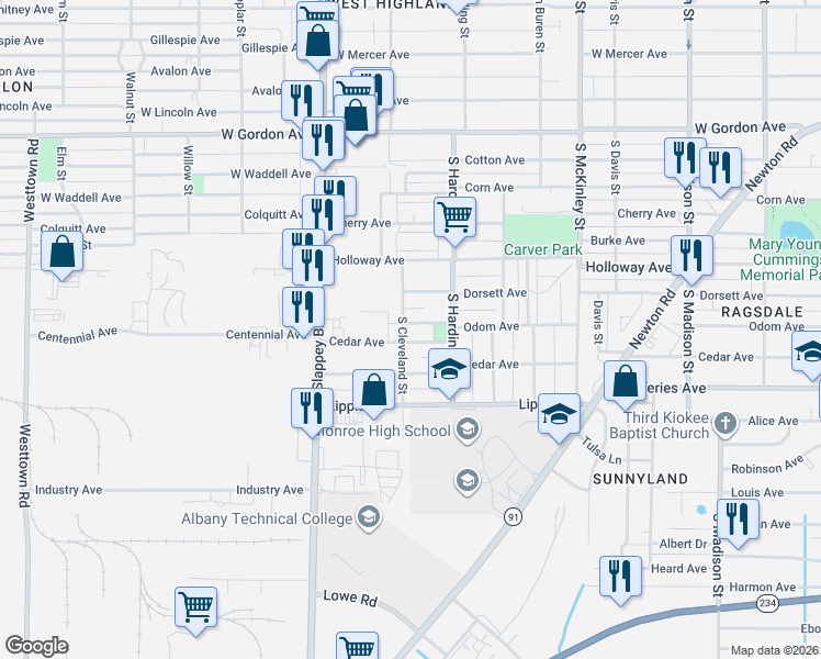 map of restaurants, bars, coffee shops, grocery stores, and more near 912 Odom Avenue in Albany