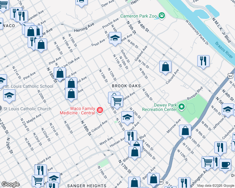 map of restaurants, bars, coffee shops, grocery stores, and more near 1216 Tennessee Avenue in Waco