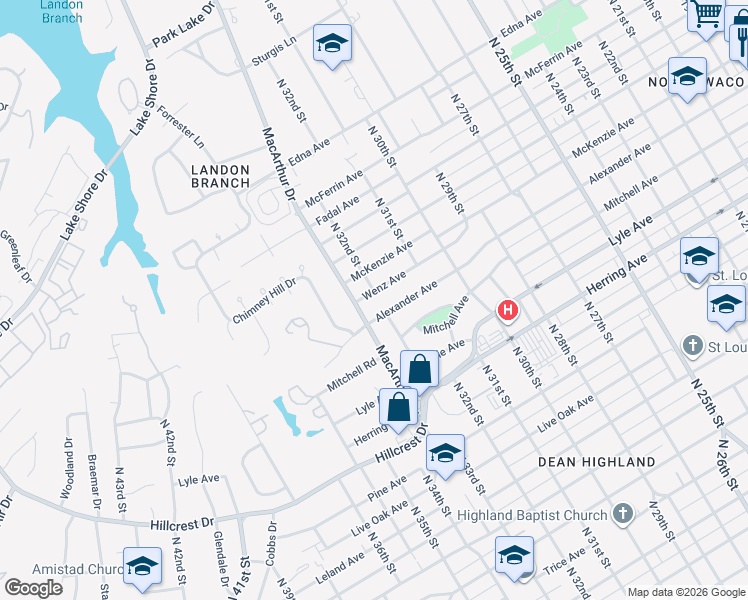map of restaurants, bars, coffee shops, grocery stores, and more near 3204 Wenz Ave in Waco