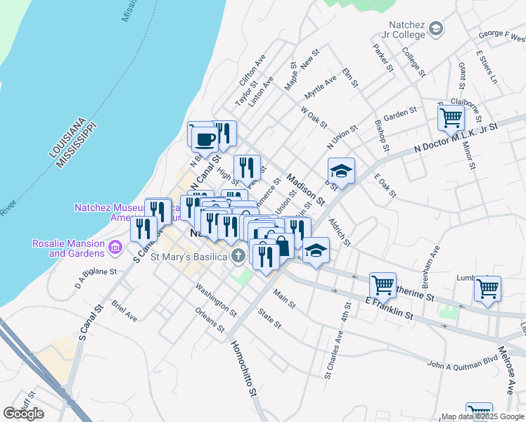 map of restaurants, bars, coffee shops, grocery stores, and more near 506 High Street in Natchez