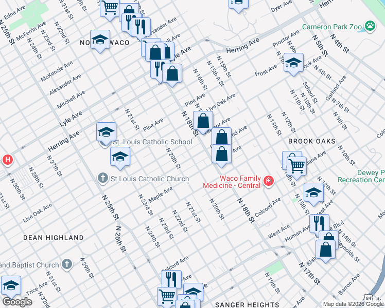 map of restaurants, bars, coffee shops, grocery stores, and more near 1825 Cumberland Avenue in Waco