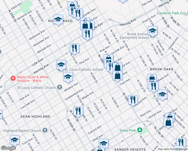 map of restaurants, bars, coffee shops, grocery stores, and more near 1924 Windsor Avenue in Waco