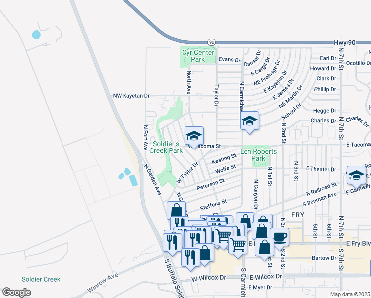 map of restaurants, bars, coffee shops, grocery stores, and more near 270 West Tacoma Street in Sierra Vista