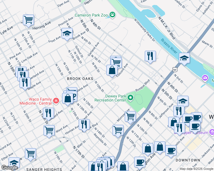 map of restaurants, bars, coffee shops, grocery stores, and more near 1329 North 10th Street in Waco