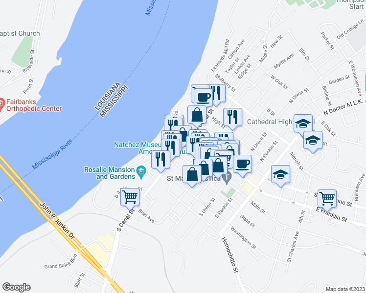 map of restaurants, bars, coffee shops, grocery stores, and more near South Canal Street & Main Street in Natchez