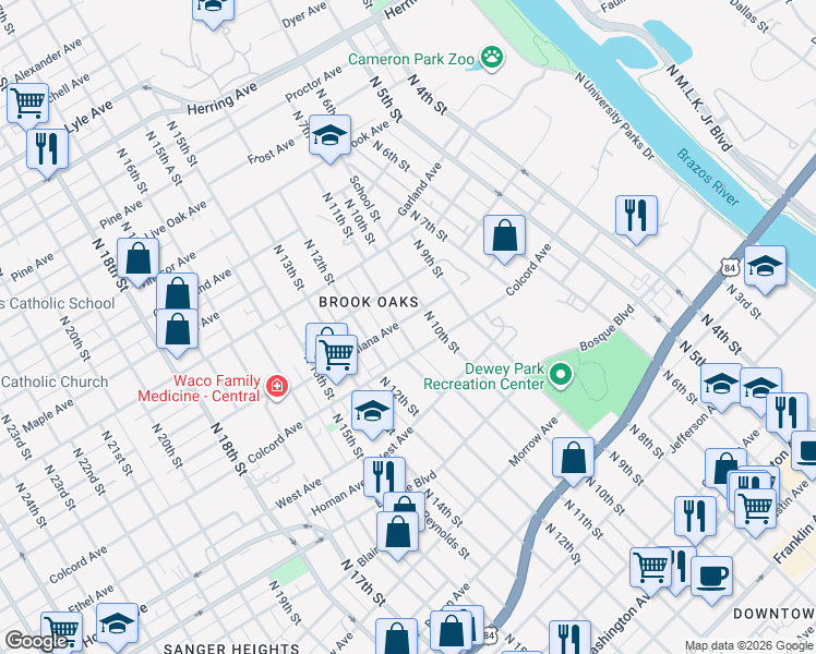 map of restaurants, bars, coffee shops, grocery stores, and more near 1511 North 11th Street in Waco