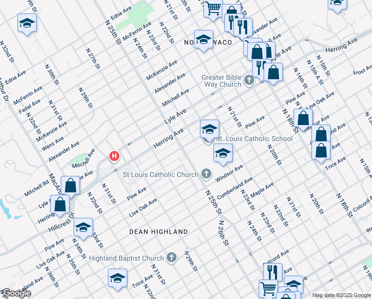 map of restaurants, bars, coffee shops, grocery stores, and more near 2424 Proctor Avenue in Waco