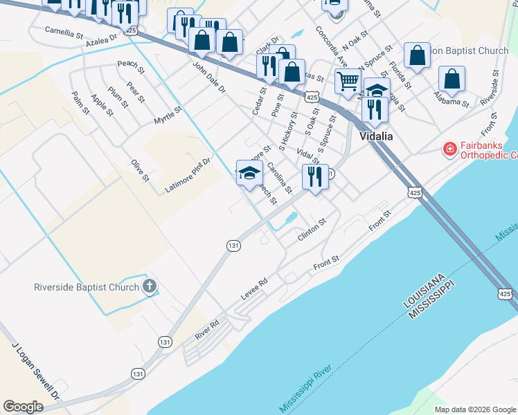 map of restaurants, bars, coffee shops, grocery stores, and more near 601-613 Martin Luther King Ave in Vidalia