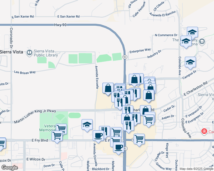 map of restaurants, bars, coffee shops, grocery stores, and more near 500 Highway 90 in Sierra Vista