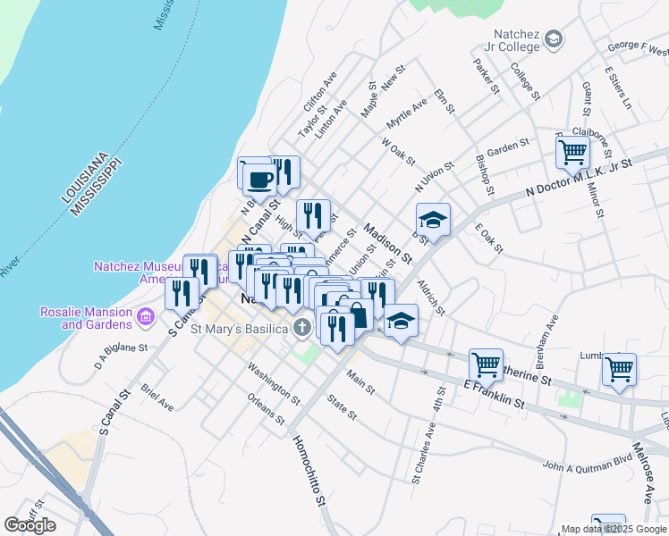 map of restaurants, bars, coffee shops, grocery stores, and more near 506 High Street in Natchez