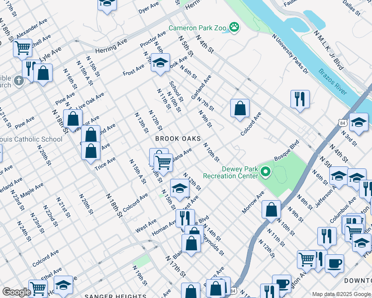 map of restaurants, bars, coffee shops, grocery stores, and more near 1010 West Avenue in Waco