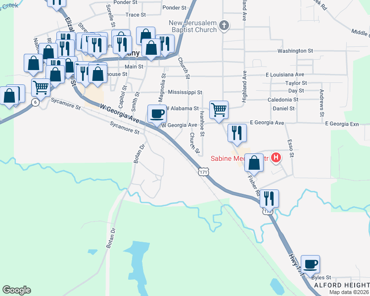 map of restaurants, bars, coffee shops, grocery stores, and more near 965 U.S. 171 in Many