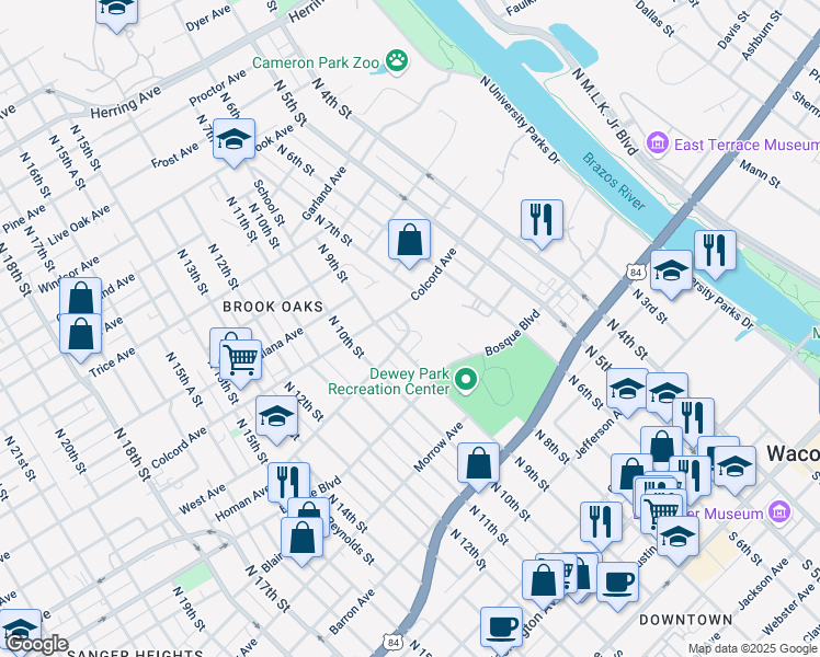 map of restaurants, bars, coffee shops, grocery stores, and more near 1201 North 9th Street in Waco