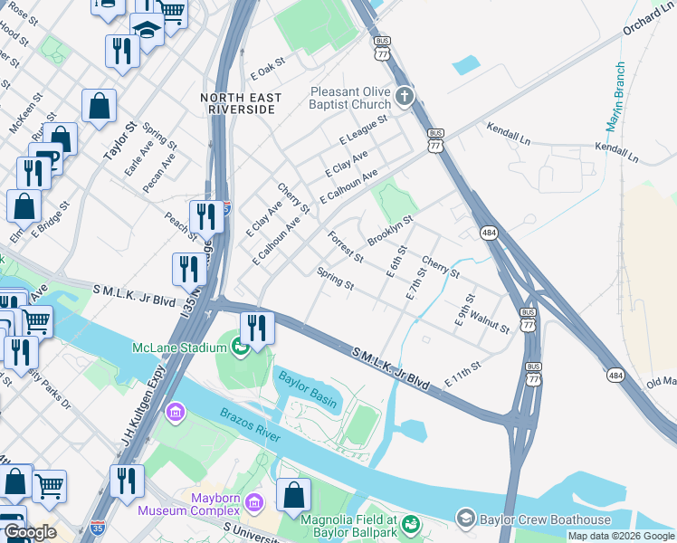 map of restaurants, bars, coffee shops, grocery stores, and more near 1105 Spring Street in Waco