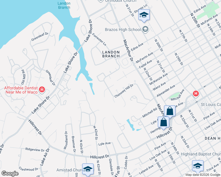 map of restaurants, bars, coffee shops, grocery stores, and more near 3625 Rocky Ledge Circle in Waco