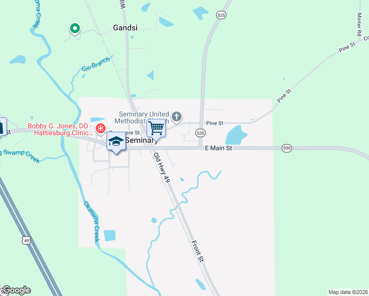 map of restaurants, bars, coffee shops, grocery stores, and more near 257 East Main Street in Seminary