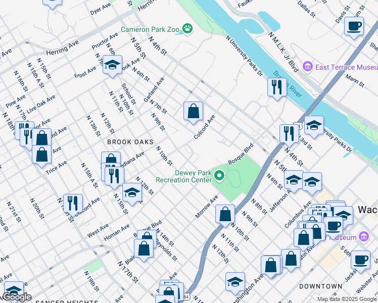 map of restaurants, bars, coffee shops, grocery stores, and more near 1201 North 9th Street in Waco