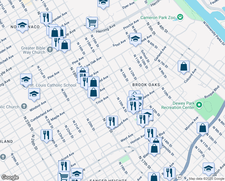 map of restaurants, bars, coffee shops, grocery stores, and more near 1653 North 15th Street in Waco