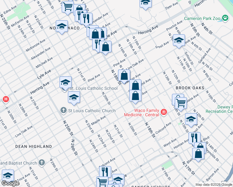 map of restaurants, bars, coffee shops, grocery stores, and more near 1825 Cumberland Avenue in Waco