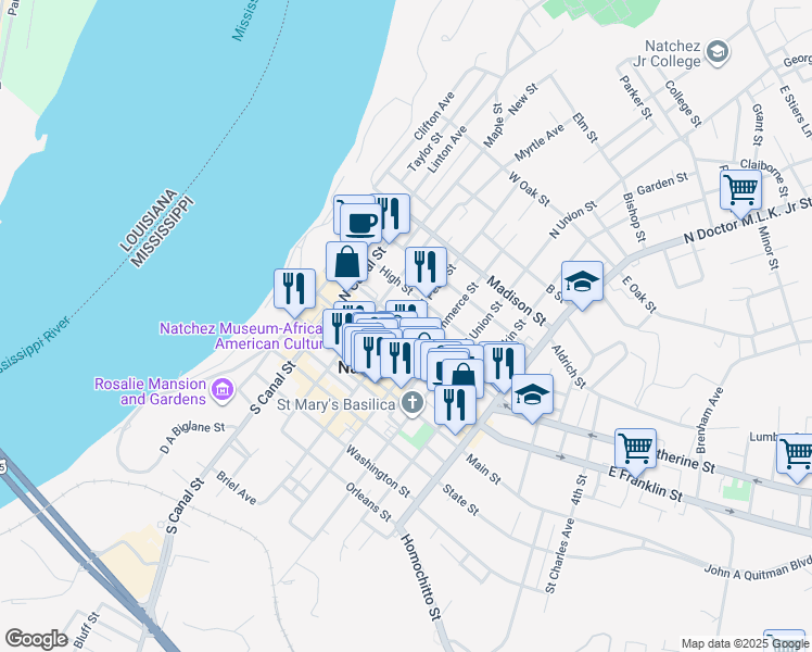 map of restaurants, bars, coffee shops, grocery stores, and more near in Natchez