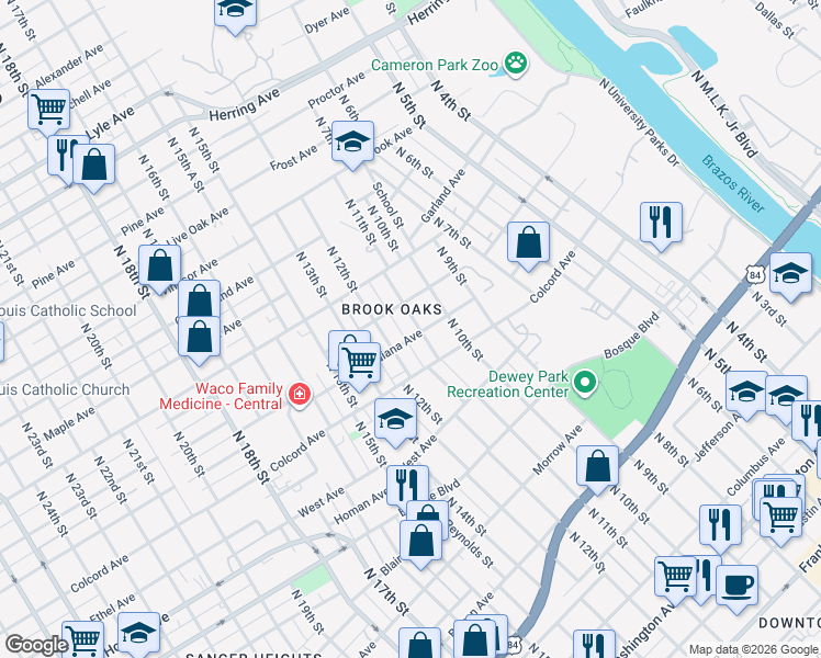 map of restaurants, bars, coffee shops, grocery stores, and more near 1010 West Avenue in Waco