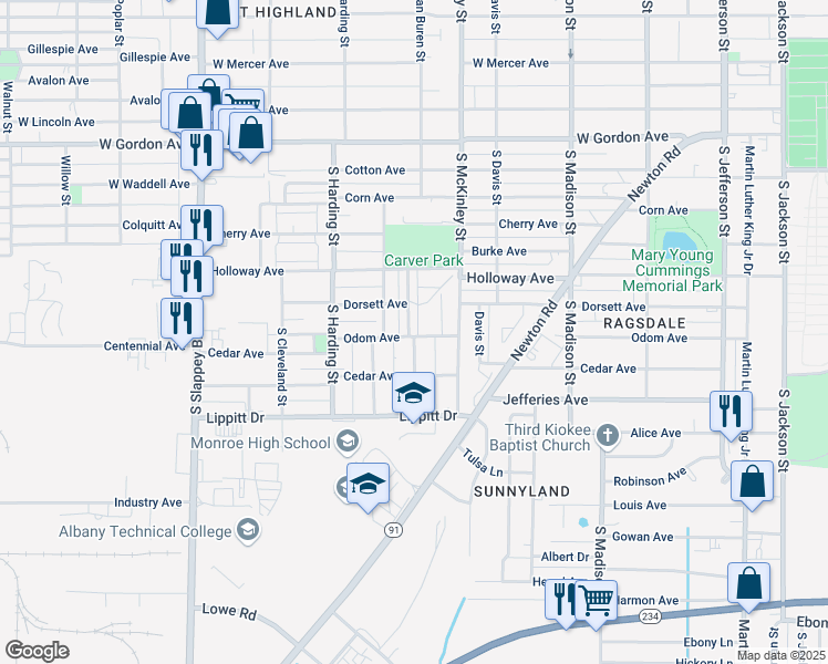 map of restaurants, bars, coffee shops, grocery stores, and more near 1301 South Van Buren Street in Albany