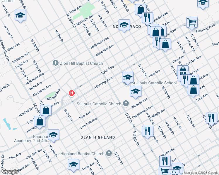 map of restaurants, bars, coffee shops, grocery stores, and more near 2501 Proctor Avenue in Waco