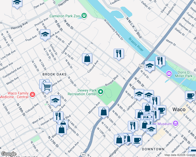 map of restaurants, bars, coffee shops, grocery stores, and more near 1100 North 6th Street in Waco