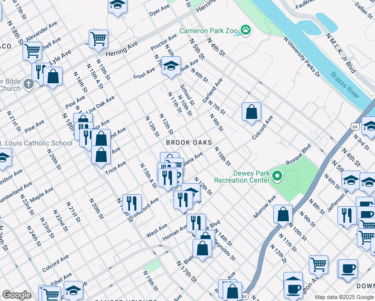 map of restaurants, bars, coffee shops, grocery stores, and more near 1619 North 12th Street in Waco
