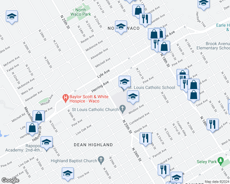 map of restaurants, bars, coffee shops, grocery stores, and more near 2424 Proctor Avenue in Waco