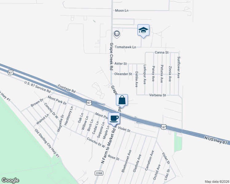 map of restaurants, bars, coffee shops, grocery stores, and more near 8345-8379 Grape Creek Road in Grape Creek