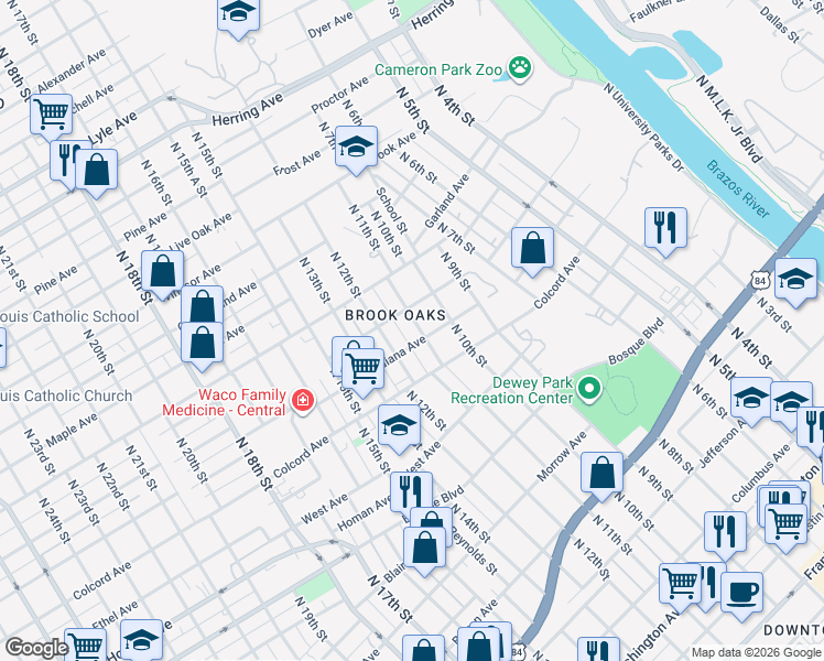 map of restaurants, bars, coffee shops, grocery stores, and more near 1010 West Avenue in Waco