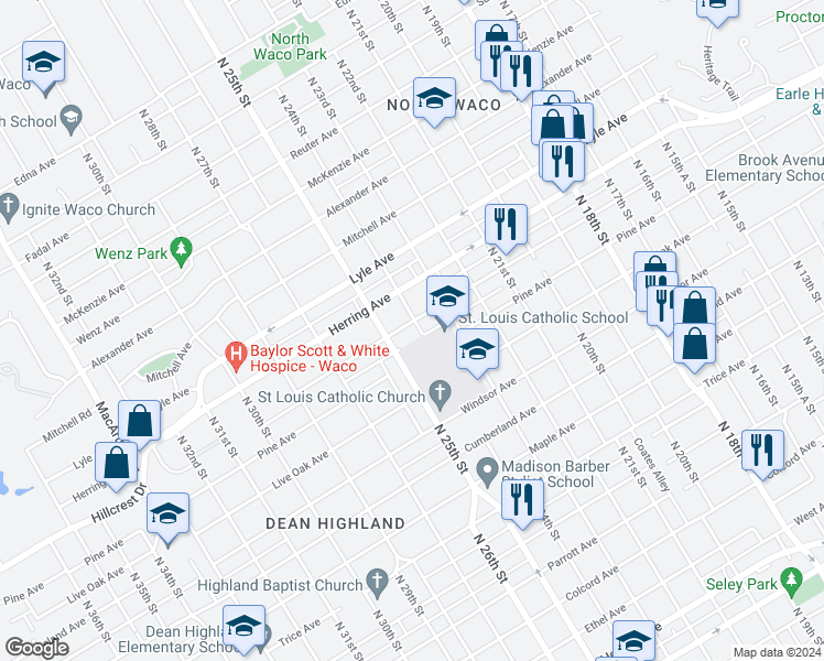 map of restaurants, bars, coffee shops, grocery stores, and more near 2406 Proctor Avenue in Waco