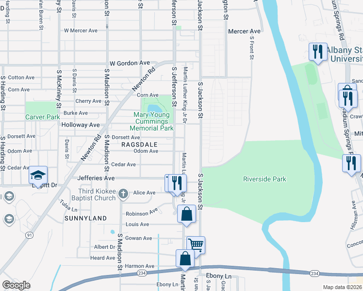 map of restaurants, bars, coffee shops, grocery stores, and more near 1301 South Jefferson Street in Albany