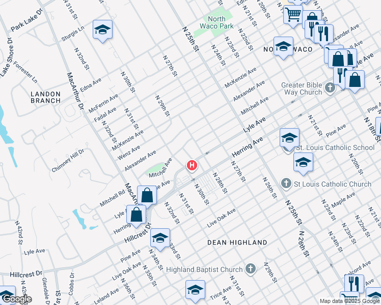 map of restaurants, bars, coffee shops, grocery stores, and more near 2812 Lyle Avenue in Waco