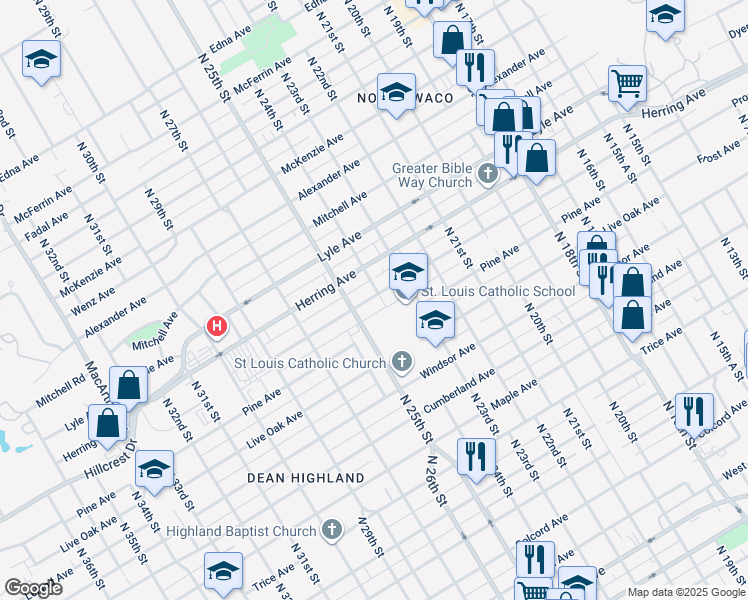 map of restaurants, bars, coffee shops, grocery stores, and more near 2424 Proctor Avenue in Waco