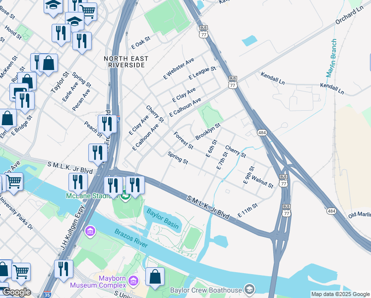map of restaurants, bars, coffee shops, grocery stores, and more near 1120 Spring Street in Waco