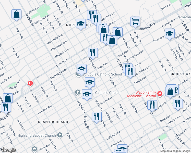 map of restaurants, bars, coffee shops, grocery stores, and more near 2126 Live Oak Avenue in Waco