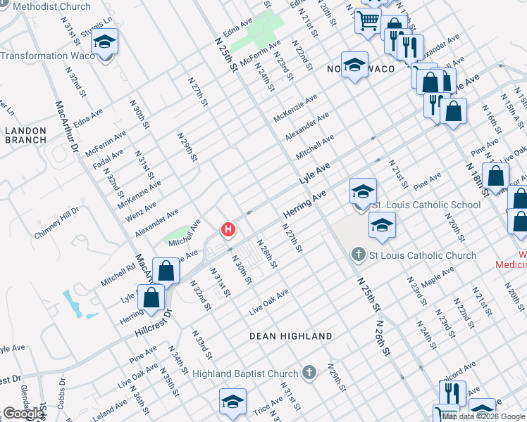 map of restaurants, bars, coffee shops, grocery stores, and more near 2733 Herring Avenue in Waco