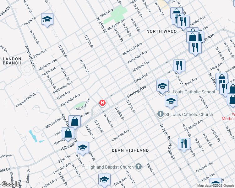 map of restaurants, bars, coffee shops, grocery stores, and more near 2733 Herring Avenue in Waco