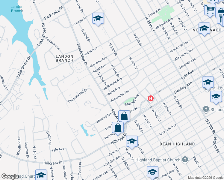 map of restaurants, bars, coffee shops, grocery stores, and more near 3204 Wenz Avenue in Waco