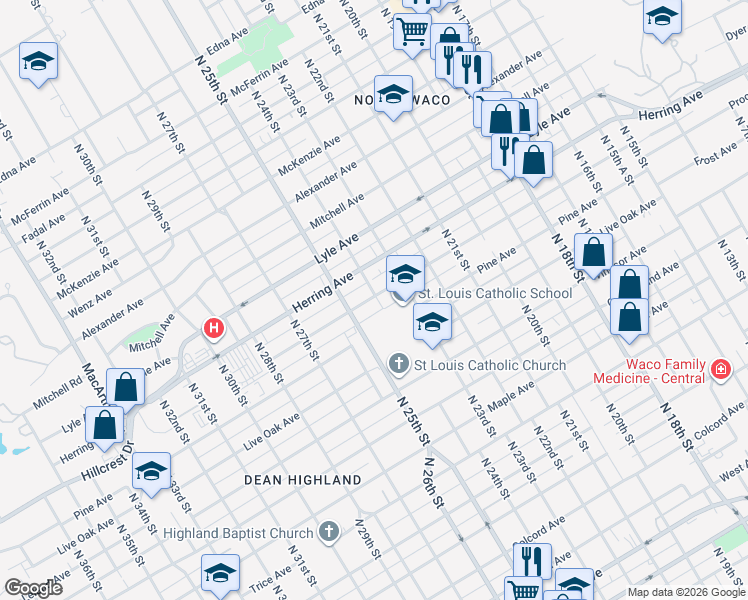 map of restaurants, bars, coffee shops, grocery stores, and more near 2424 Proctor Avenue in Waco