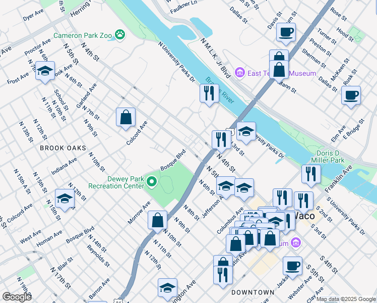 map of restaurants, bars, coffee shops, grocery stores, and more near 908 North 5th Street in Waco