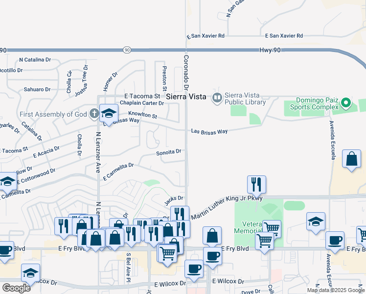 map of restaurants, bars, coffee shops, grocery stores, and more near 2365 Sonoita Drive in Sierra Vista