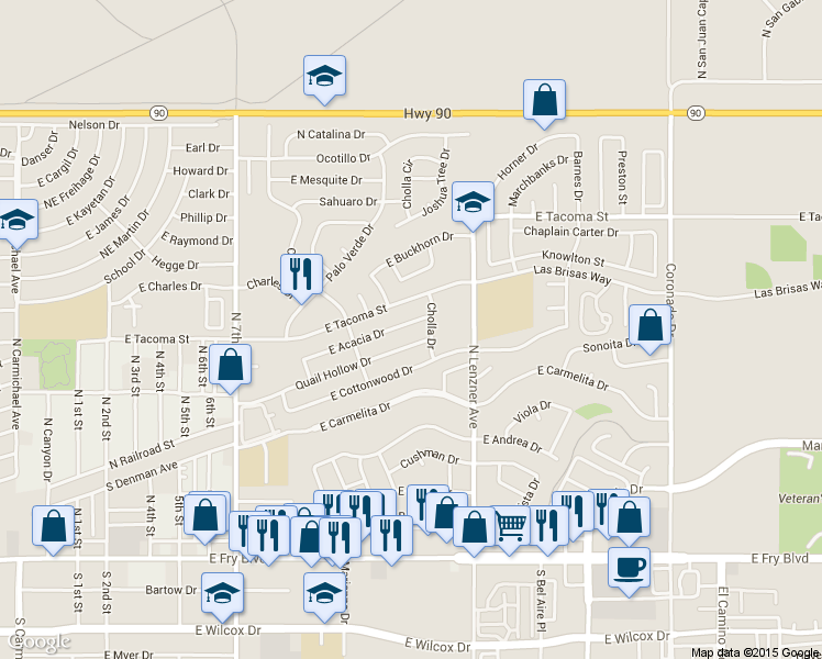 map of restaurants, bars, coffee shops, grocery stores, and more near 1332 North Acacia Place in Huachuca City